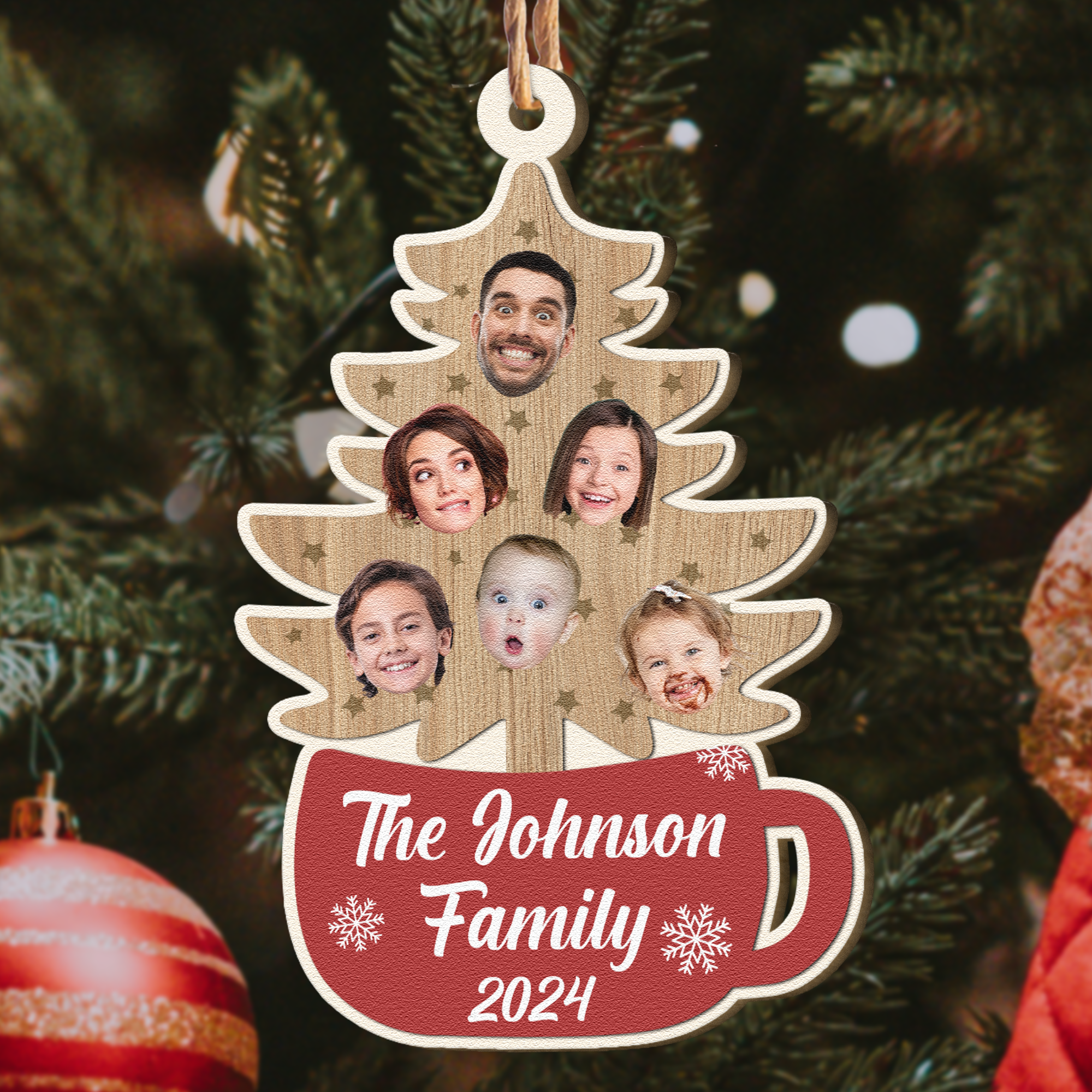 Custom Family Photo With Christmas Tree - Personalized Wooden Photo Ornament ORN0810