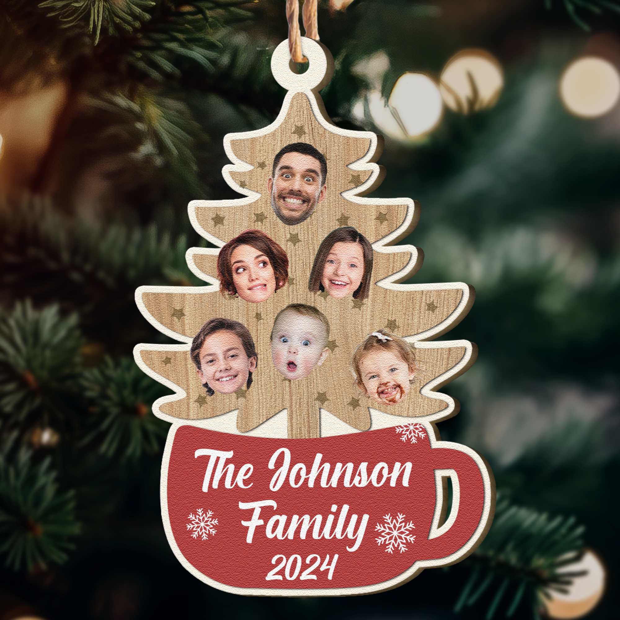 Custom Family Photo With Christmas Tree - Personalized Wooden Photo Ornament ORN0810