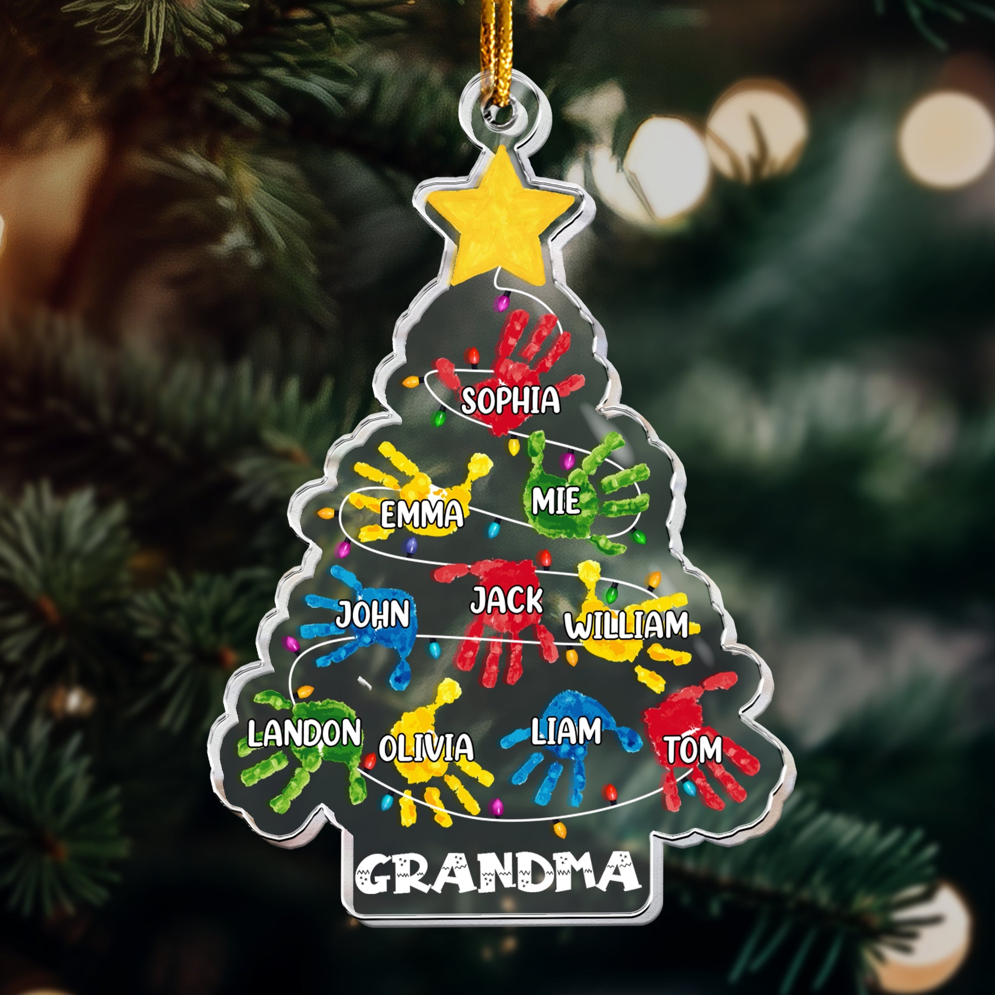 Custom Grandchildren Names Handprint Christmas Tree - Personalized Acrylic Ornament ORN0810