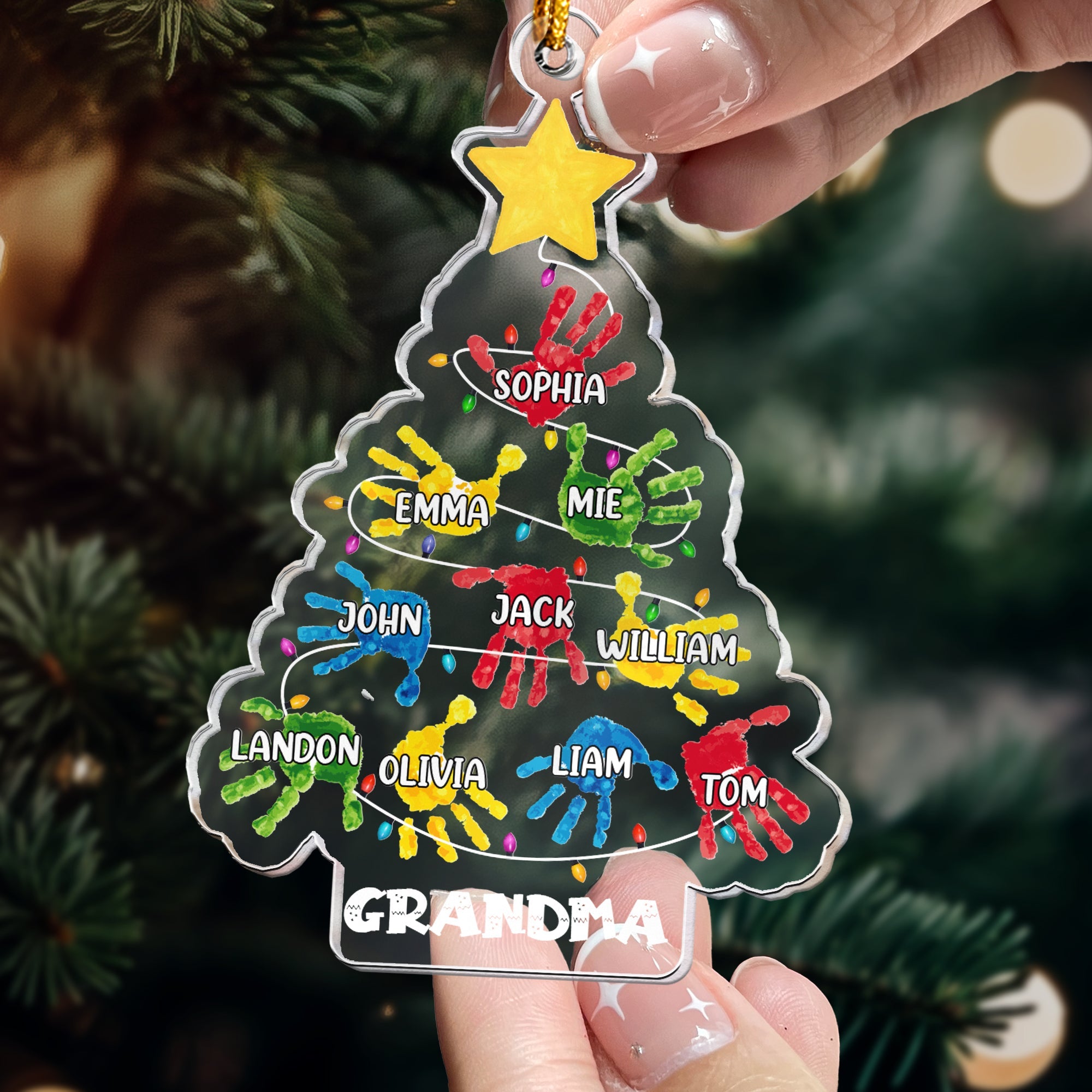 Custom Grandchildren Names Handprint Christmas Tree - Personalized Acrylic Ornament ORN0810