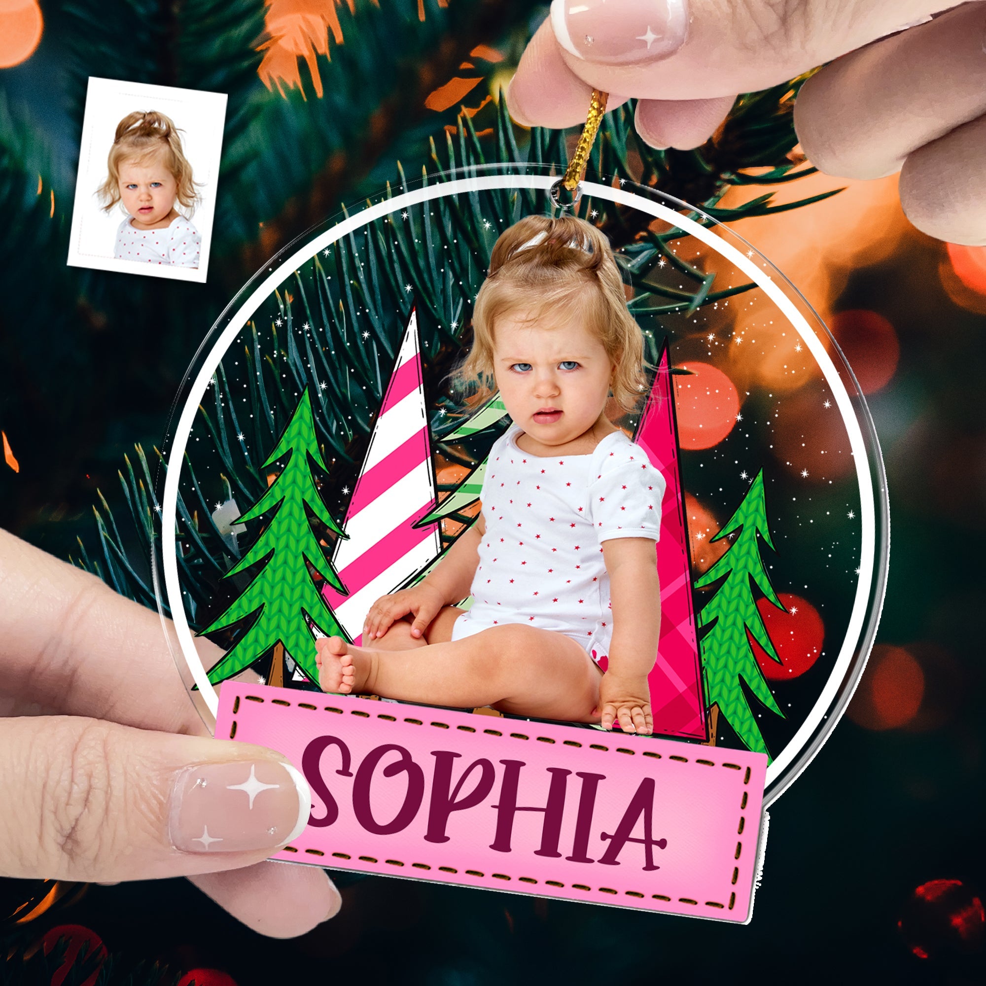 Custom Kid's Photo Festive Christmas Tree - Personalized Acrylic Photo Ornament ORN0810