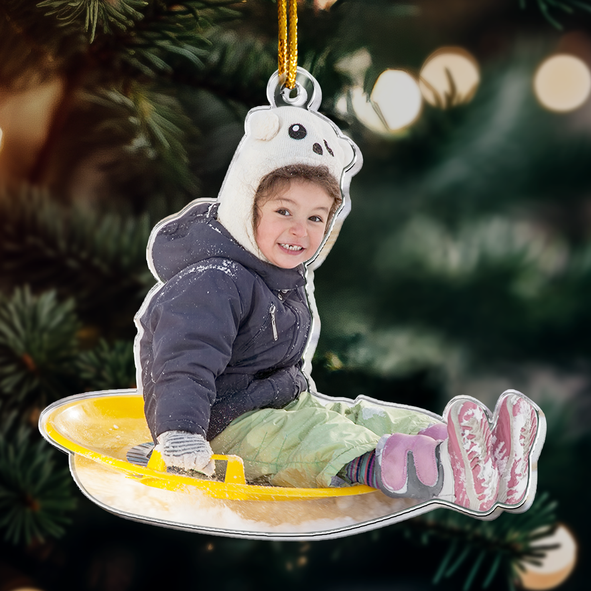 Custom Photo Family, Friends, Kids Sleigh Ride Fun Sled - Personalized Acrylic Photo Ornament ORN0810
