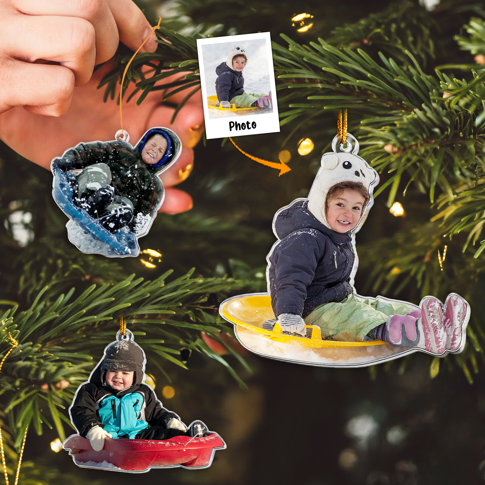 Custom Photo Family, Friends, Kids Sleigh Ride Fun Sled - Personalized Acrylic Photo Ornament ORNA1210