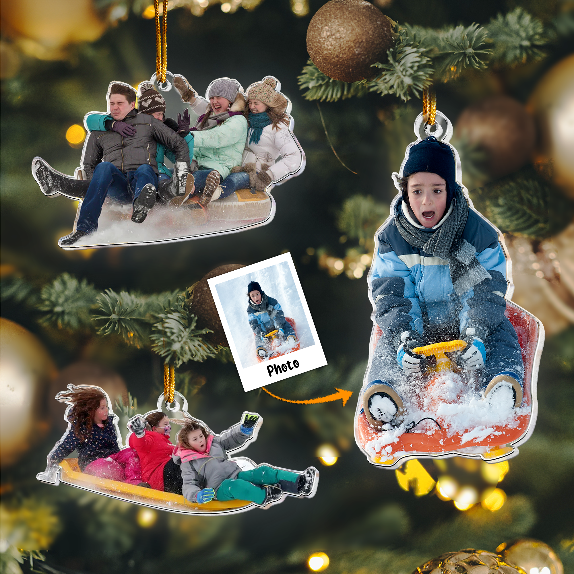 Custom Photo Family, Friends, Kids Sleigh Ride Fun Sled - Personalized Acrylic Photo Ornament ORNA1210