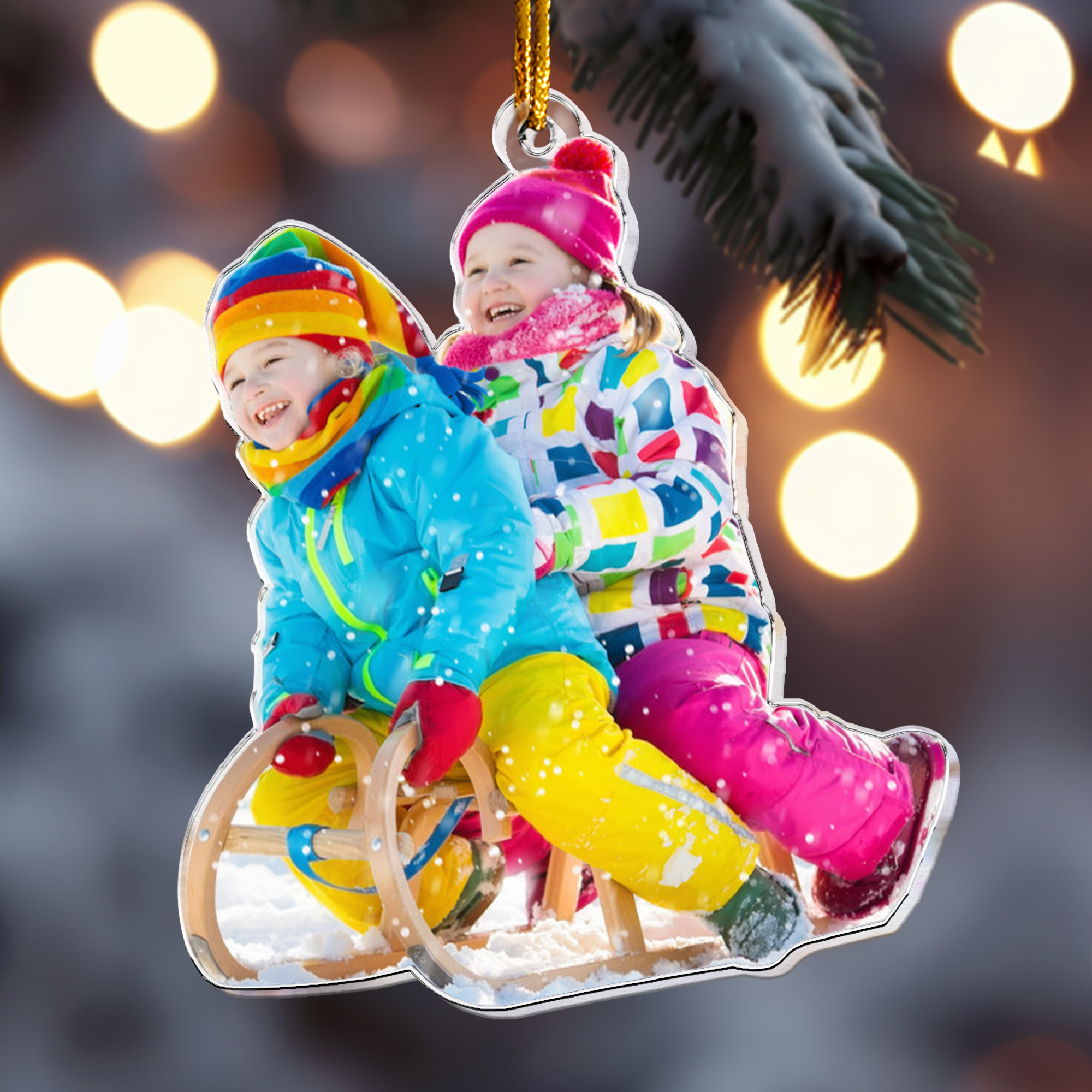 Custom Photo Family, Friends, Kids Sleigh Ride Fun Sled - Personalized Acrylic Photo Ornament ORNA1210