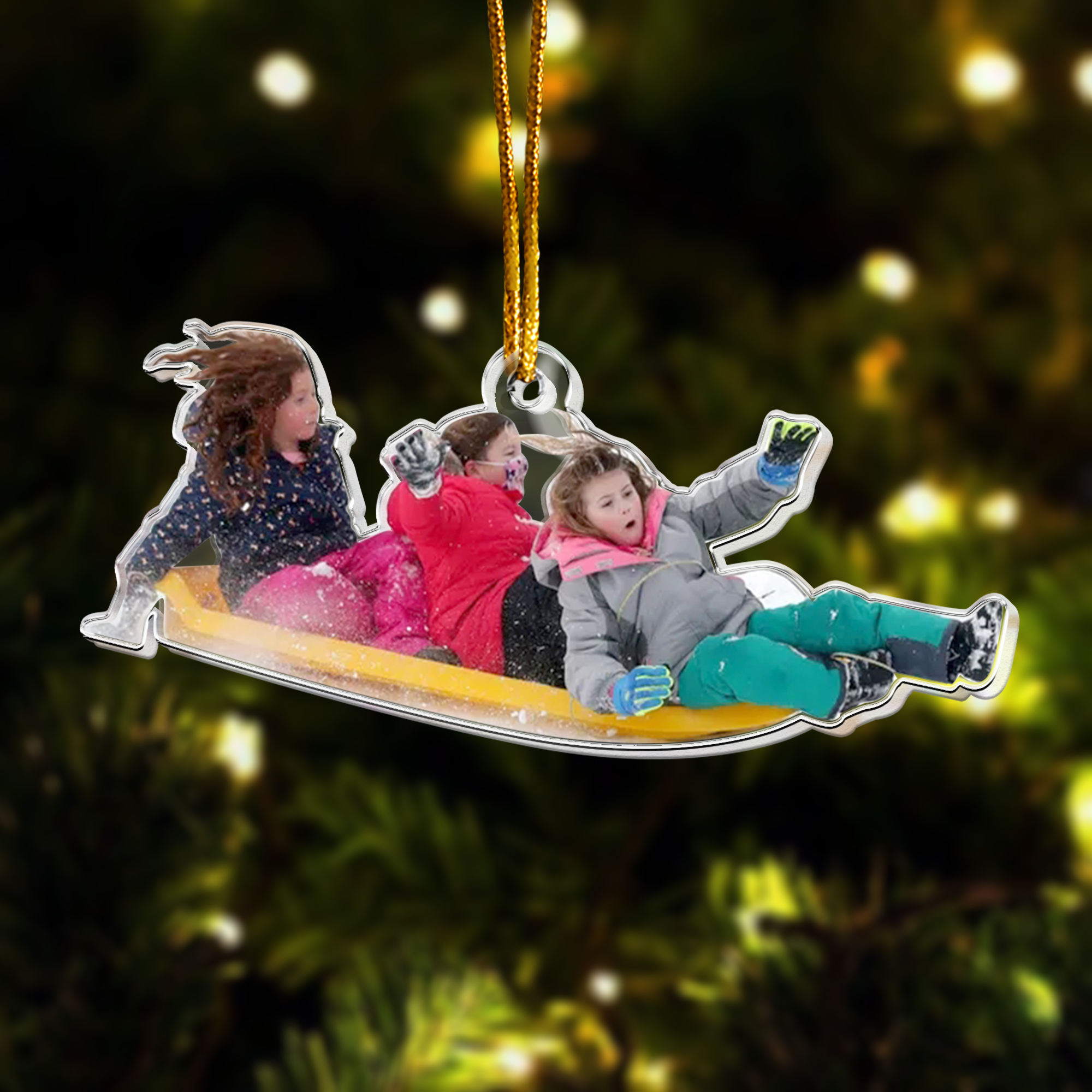 Custom Photo Family, Friends, Kids Sleigh Ride Fun Sled - Personalized Acrylic Photo Ornament ORN0810