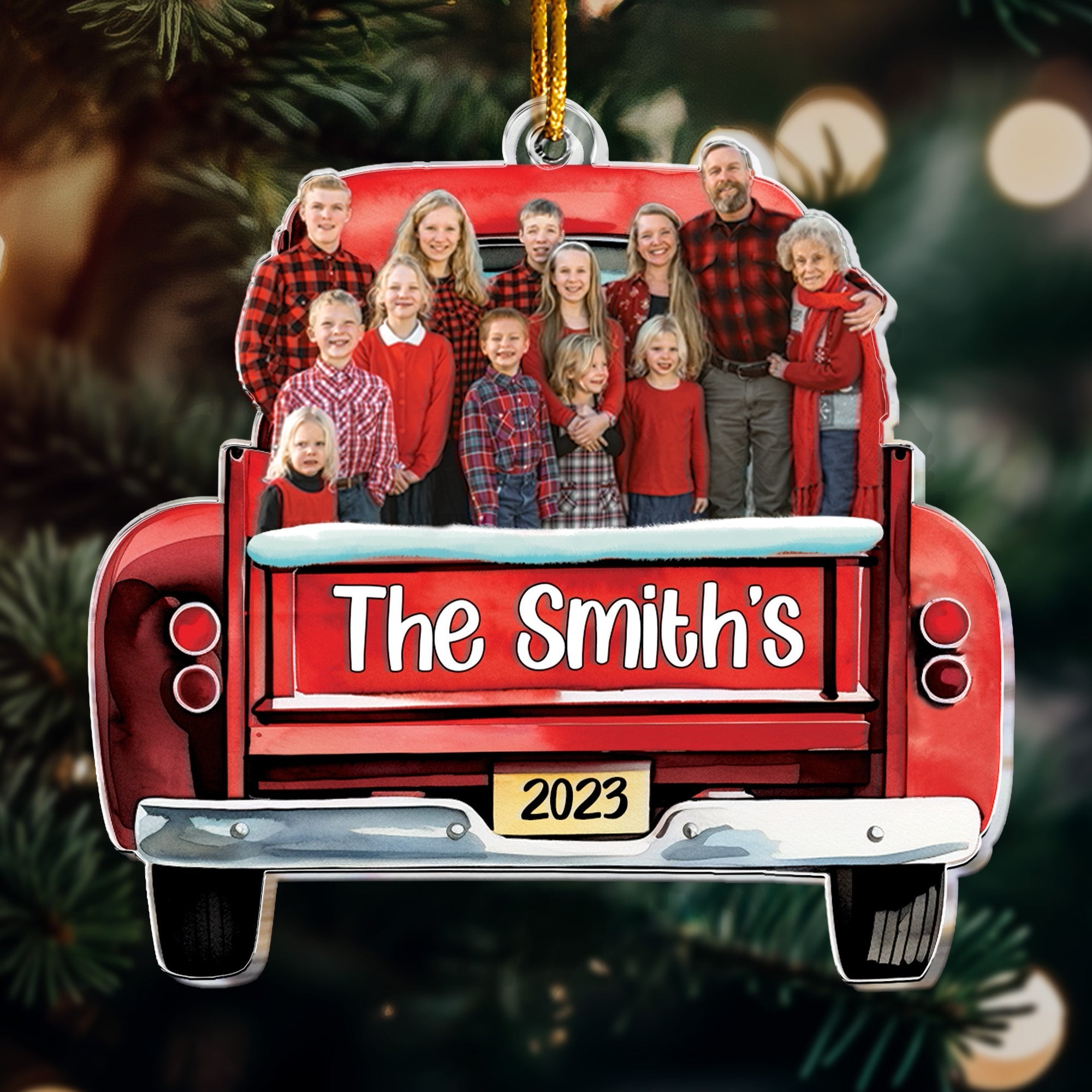 Custom Photo Red Truck Christmas Family - Personalized Acrylic Photo Ornament ORN0810