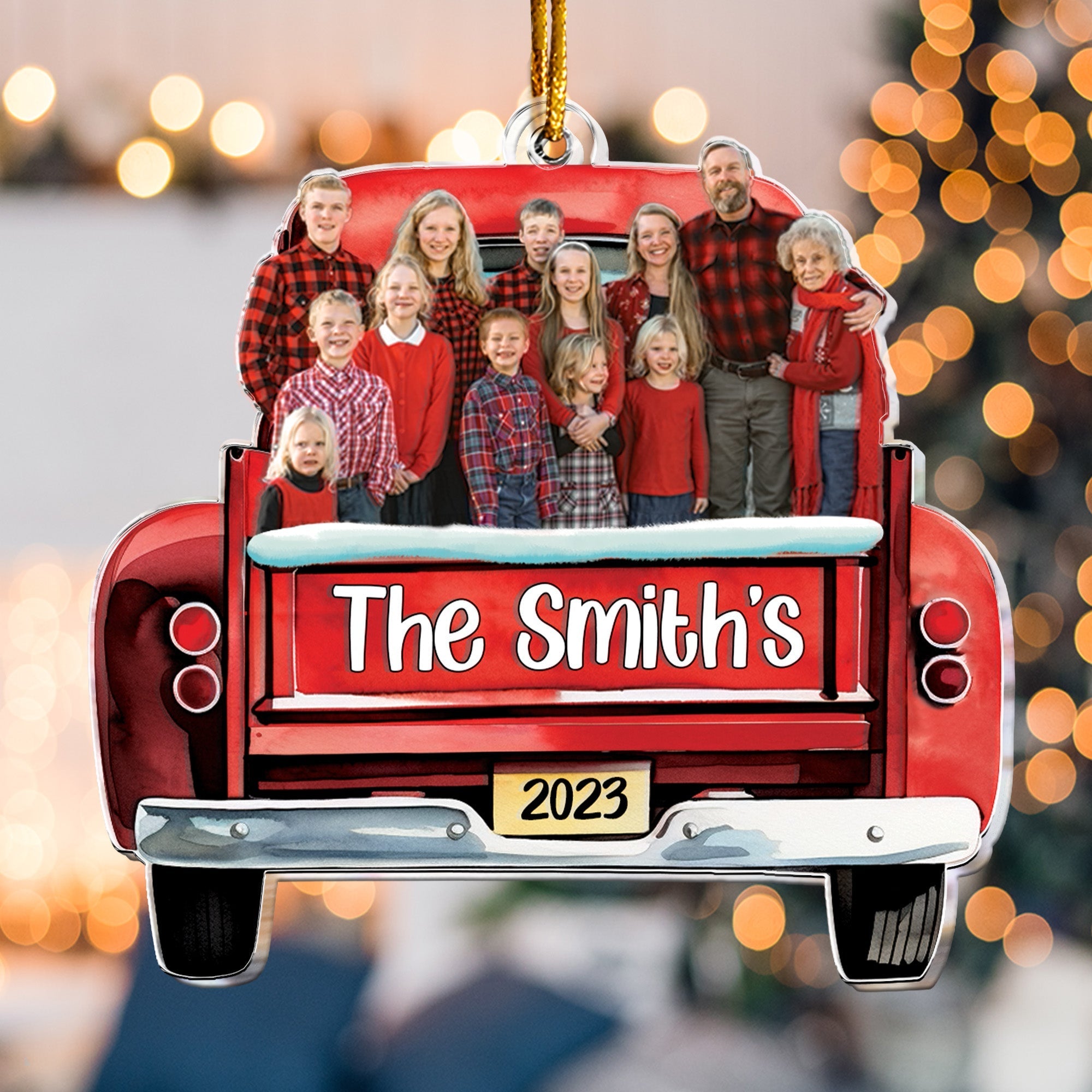 Custom Photo Red Truck Christmas Family - Personalized Acrylic Photo Ornament ORN0810