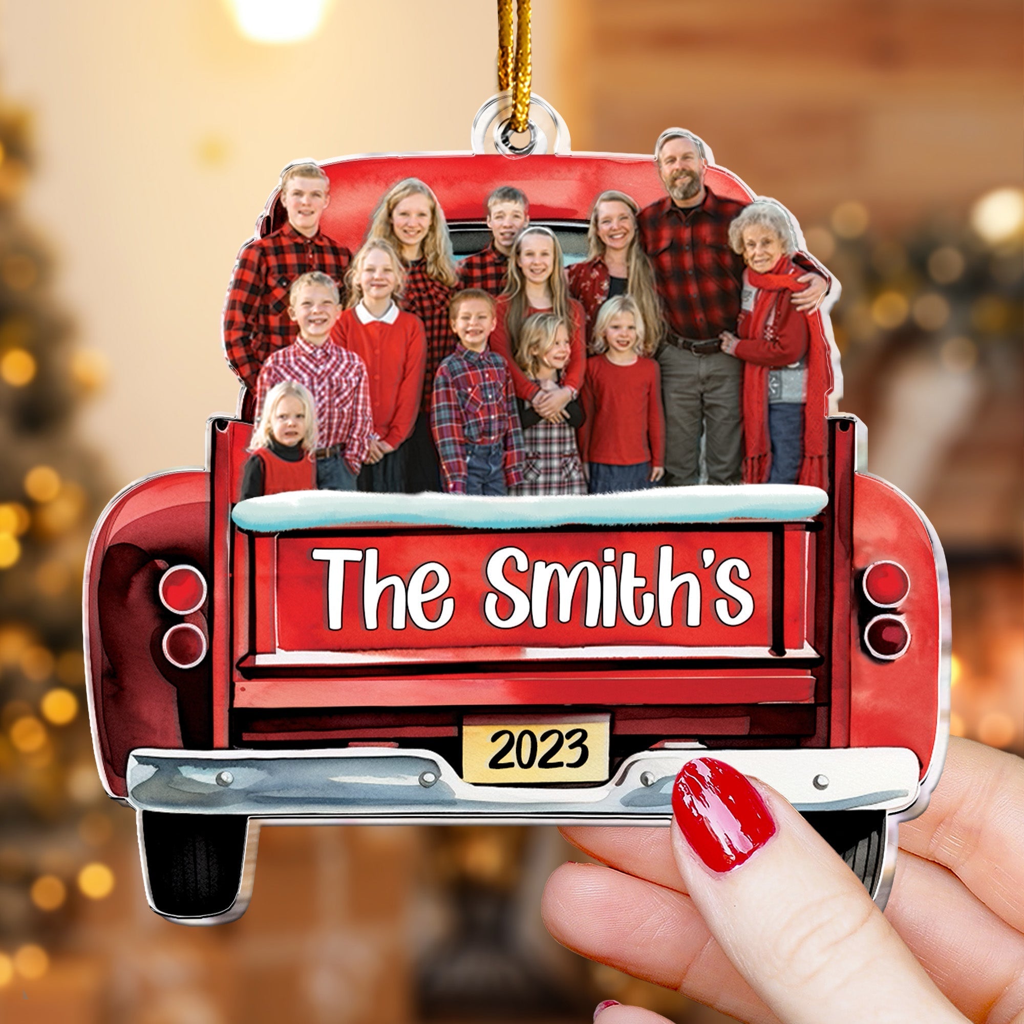 Custom Photo Red Truck Christmas Family - Personalized Acrylic Photo Ornament ORN0810