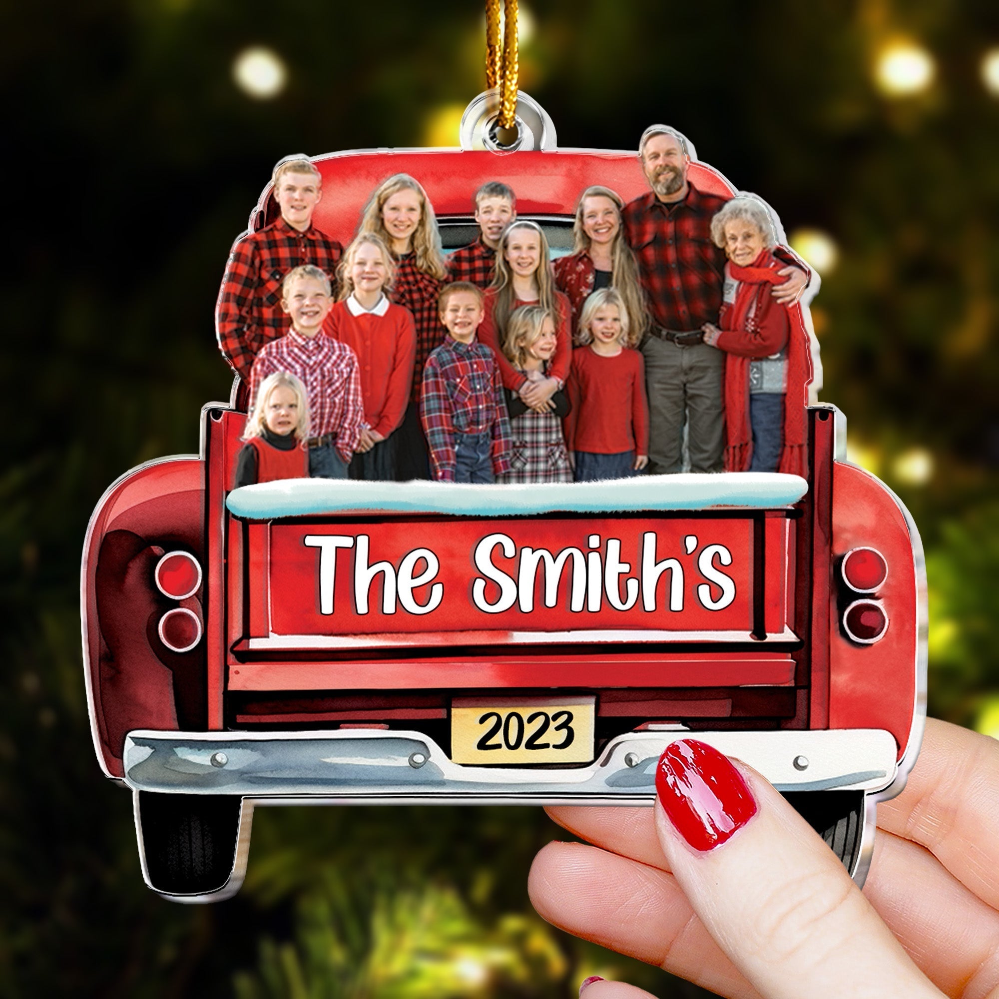 Custom Photo Red Truck Christmas Family - Personalized Acrylic Photo Ornament ORN0810