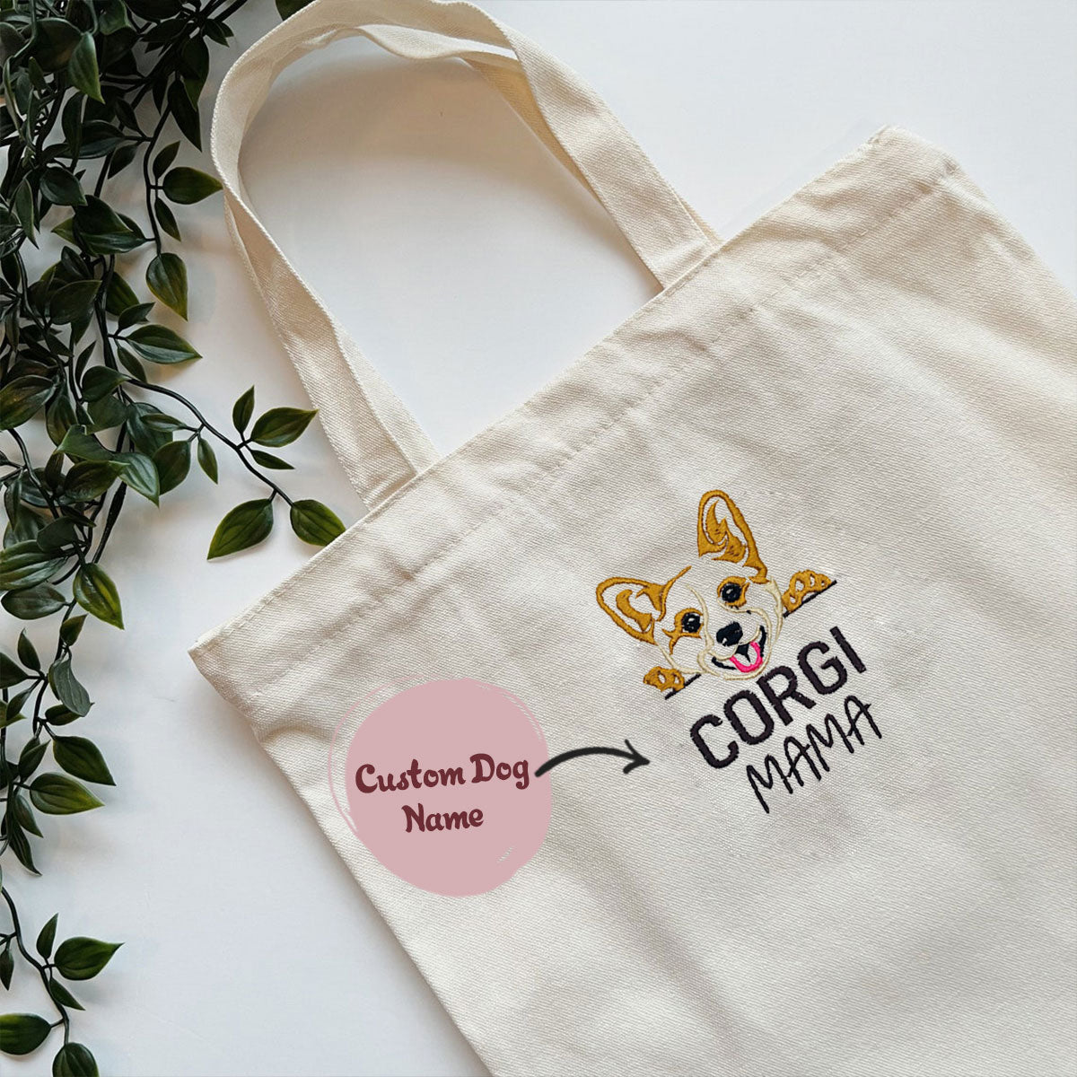 Custom Corgi Dog Mama Embroidered Tote Bag, Personalized Tote Bag with Dog Name, Best Gifts For Corgi Lovers em2