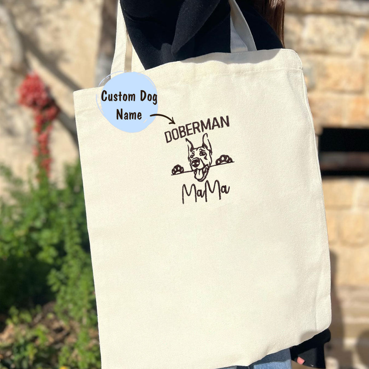 Custom Doberman Dog Mama Embroidered Tote Bag, Personalized Tote Bag with Dog Name, Best Gifts For Doberman Lovers em1