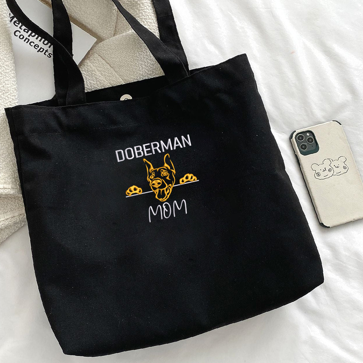 Custom Doberman Dog Mom Embroidered Tote Bag, Personalized Tote Bag with Dog Name, Best Gifts For Doberman Lovers em2