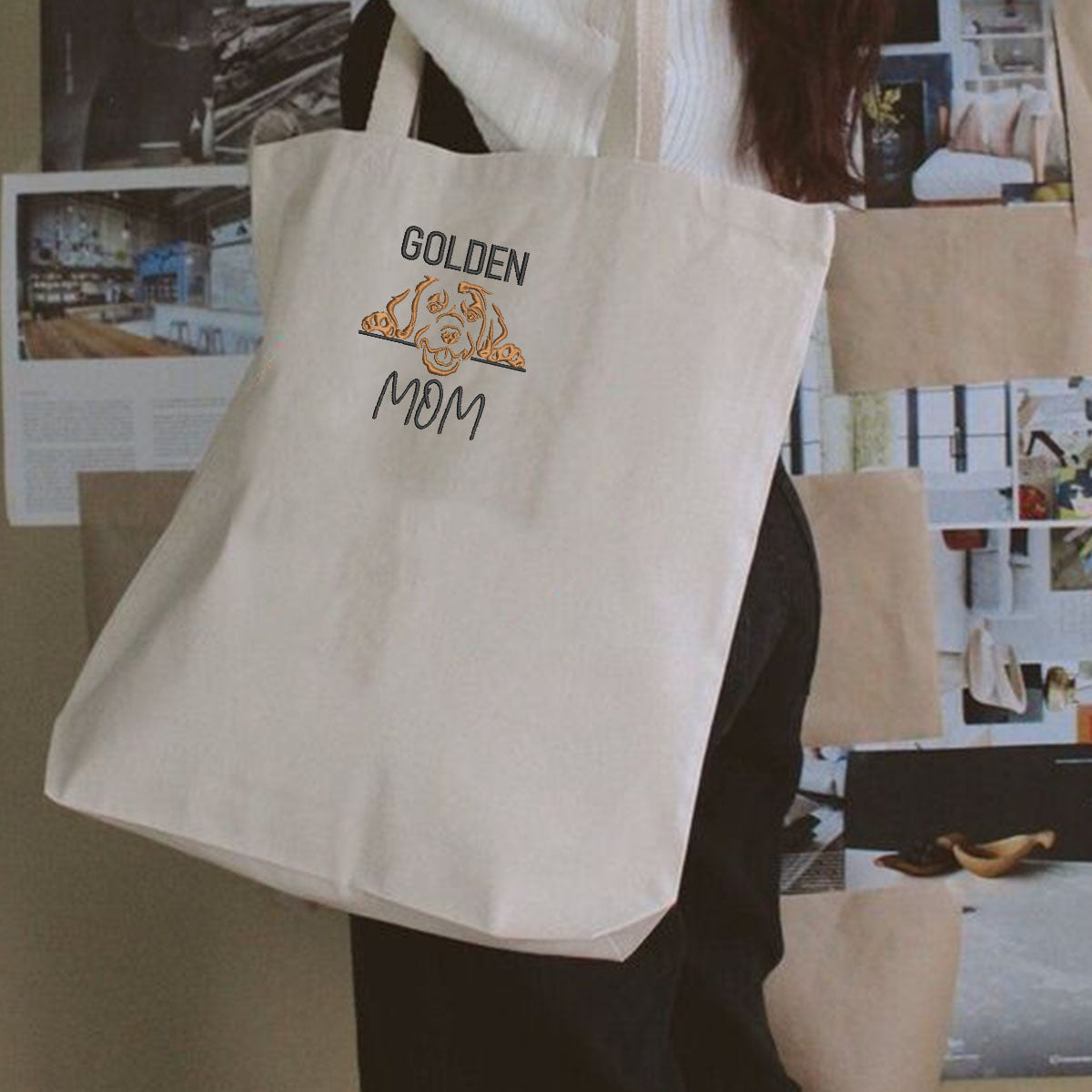 Personalized Golden Retriever Dog Mom Embroidered Tote Bag, Custom Tote Bag with Dog Name, Gifts for Golden Retriever Lovers em1