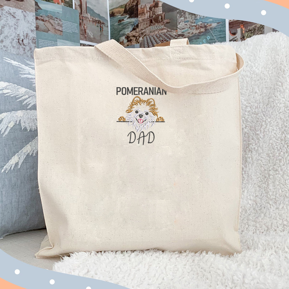 Custom Pomeranian Dog Dad Embroidered Tote Bag, Personalized Tote Bag with Dog Name, Best Gifts For Pomeranian Lovers em1