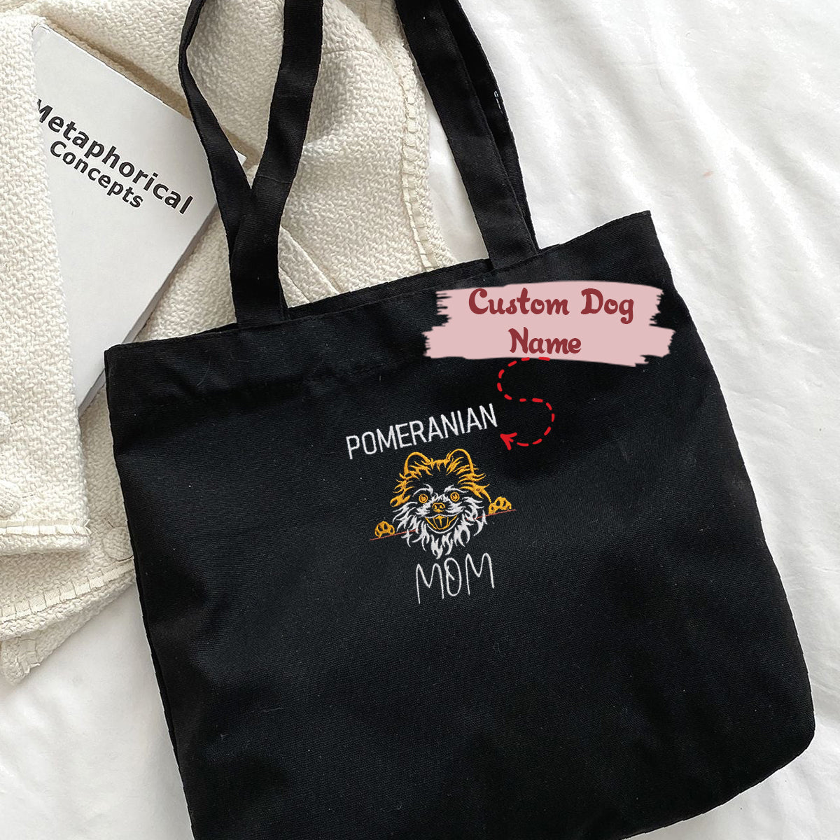 Custom Pomeranian Dog Mom Embroidered Tote Bag, Personalized Tote Bag with Dog Name, Best Gifts For Pomeranian Lovers em1