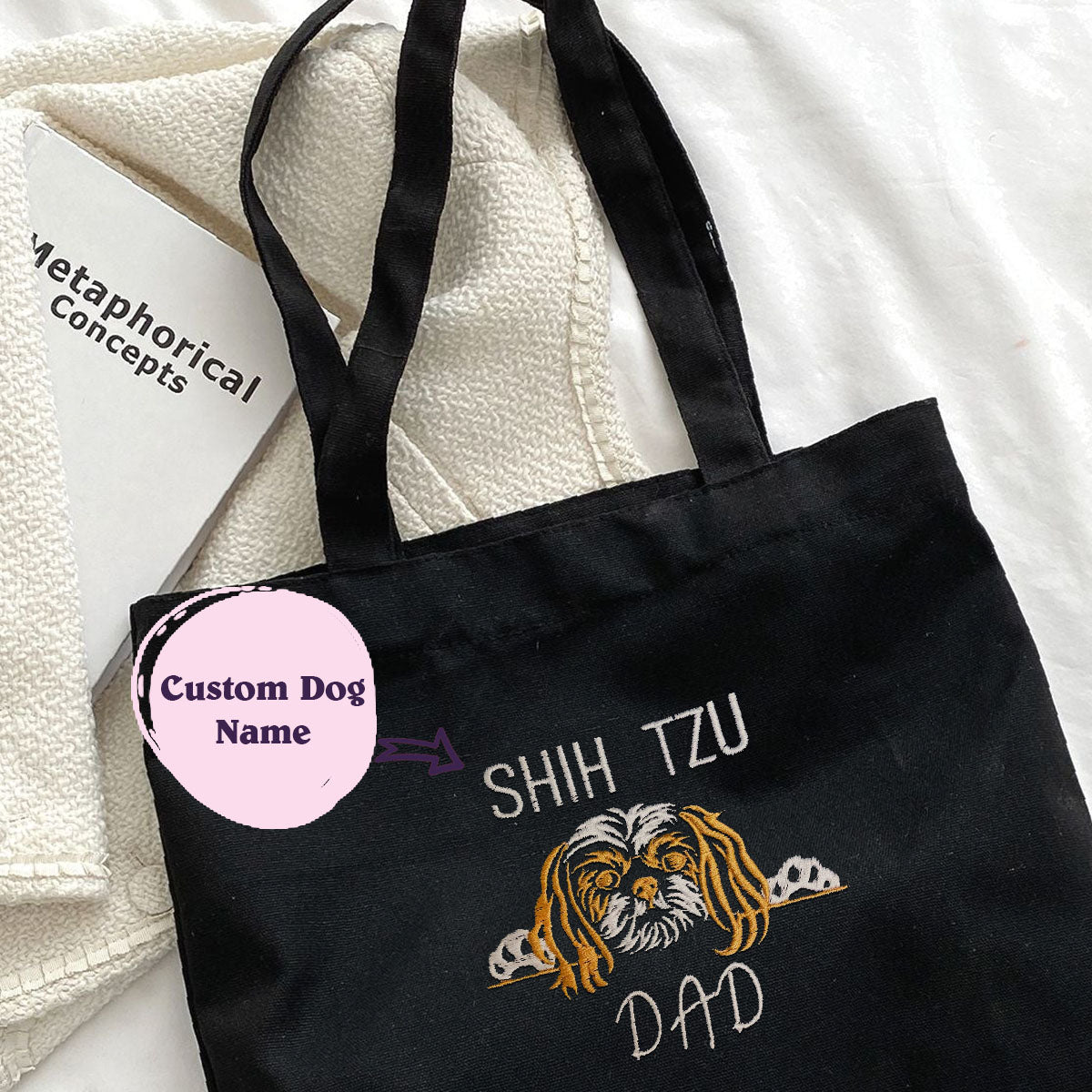 Custom Shih Tzu Dog Dad Embroidered Tote Bag, Personalized Tote Bag with Dog Name, Best Gifts For Shih Tzu Lovers em2