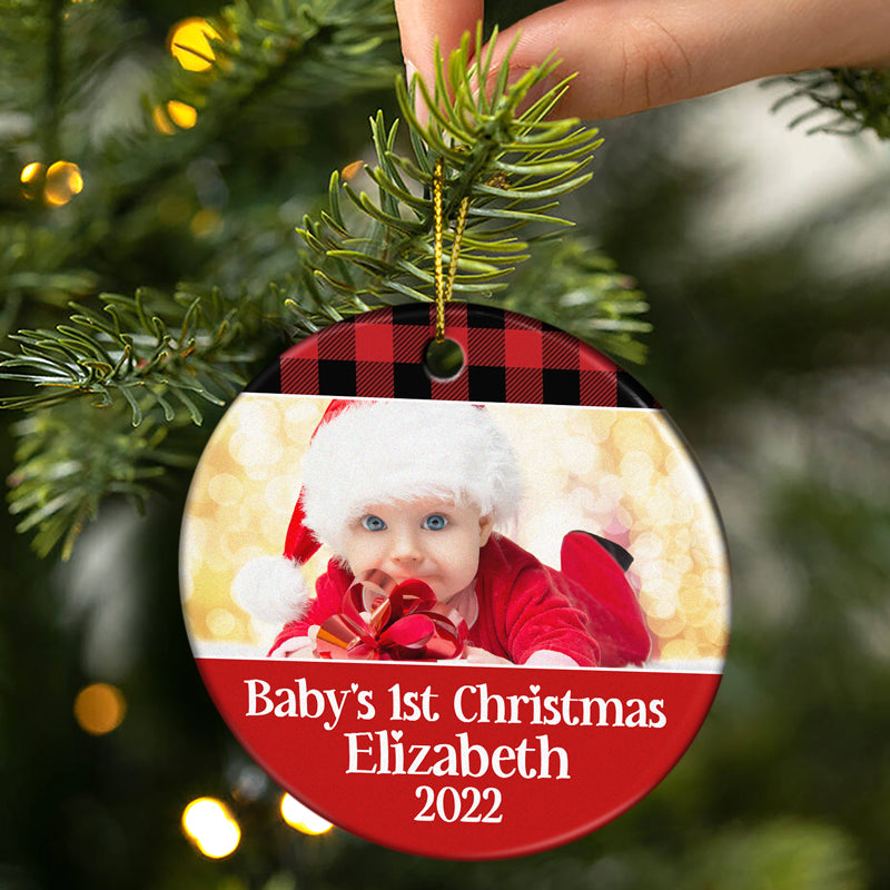 Custom Photo New Baby?s First Christmas - Christmas Gift For Mom And Dad - Personalized Custom Circle Ceramic Ornament ORNA1210