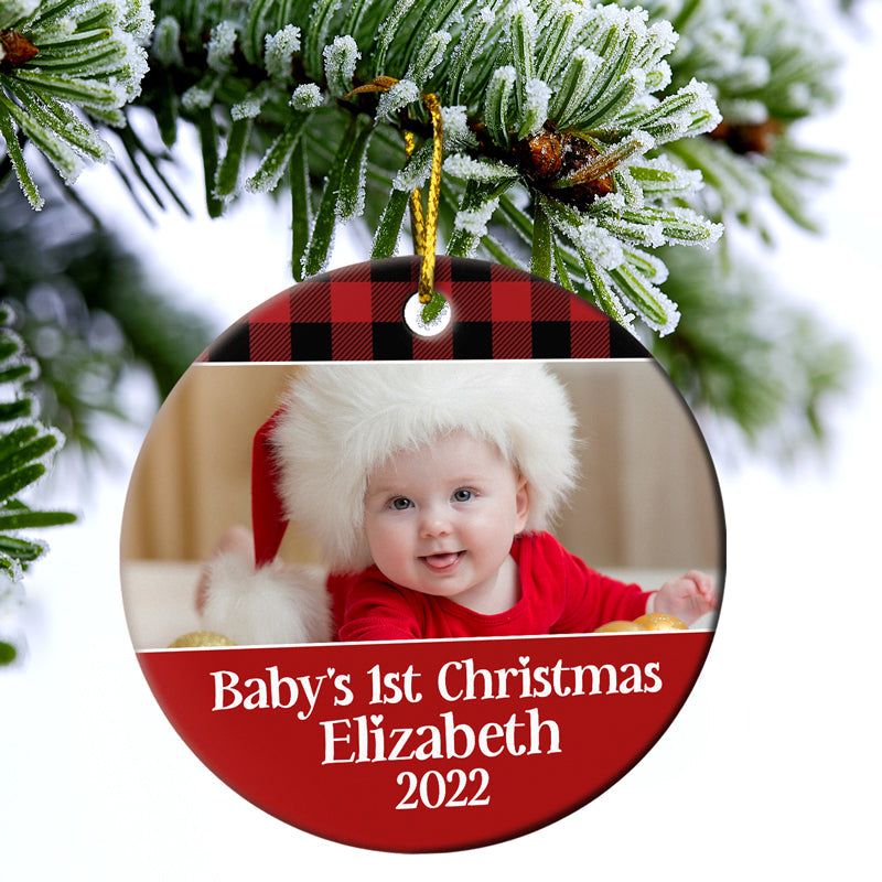 Custom Photo New Baby?s First Christmas - Christmas Gift For Mom And Dad - Personalized Custom Circle Ceramic Ornament ORNA1210