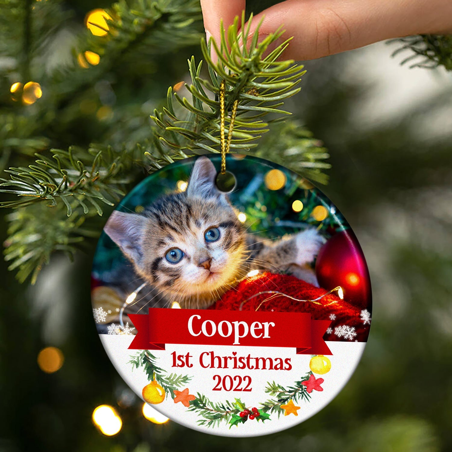 Custom Photo Dog Cat First Christmas - Christmas Gift For Pet Lovers - Personalized Custom Circle Ceramic Ornament ORNA1210