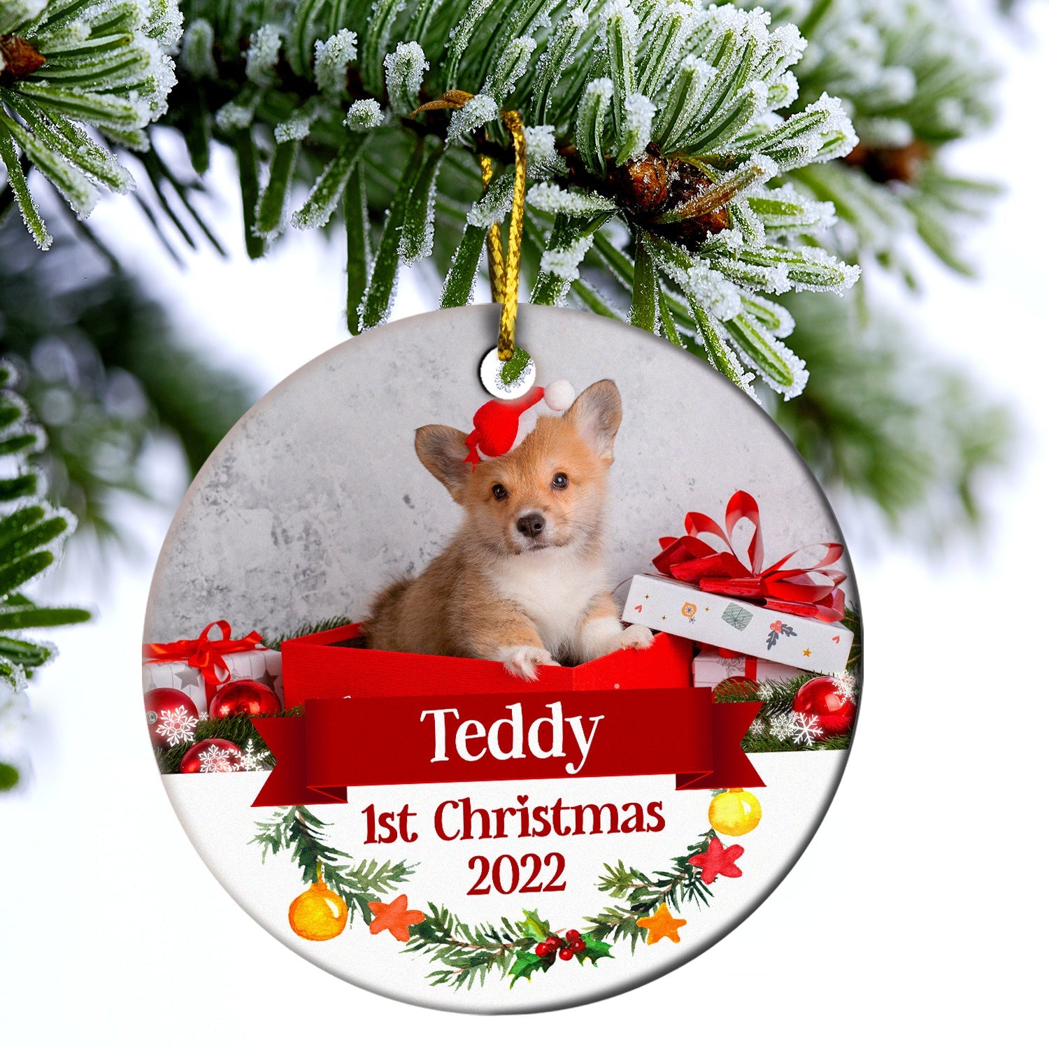 Custom Photo Dog Cat First Christmas - Christmas Gift For Pet Lovers - Personalized Custom Circle Ceramic Ornament ORNA1210