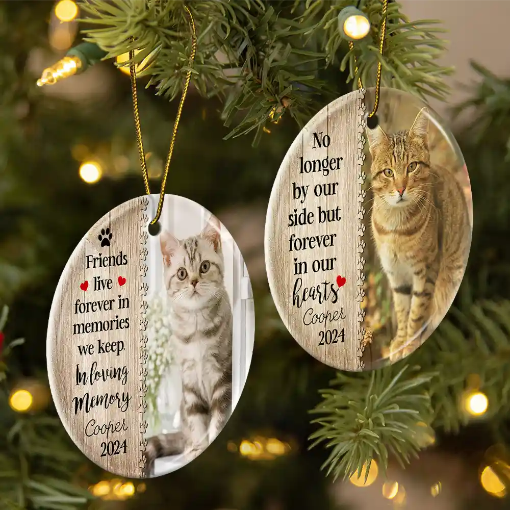 Custom Photo Dog Cat Forever In Our Hearts - Christmas Memorial Gift - Personalized Custom Circle Ceramic Ornament ORNA1210