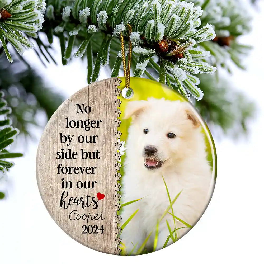 Custom Photo Dog Cat Forever In Our Hearts - Christmas Memorial Gift - Personalized Custom Circle Ceramic Ornament ORNA1210
