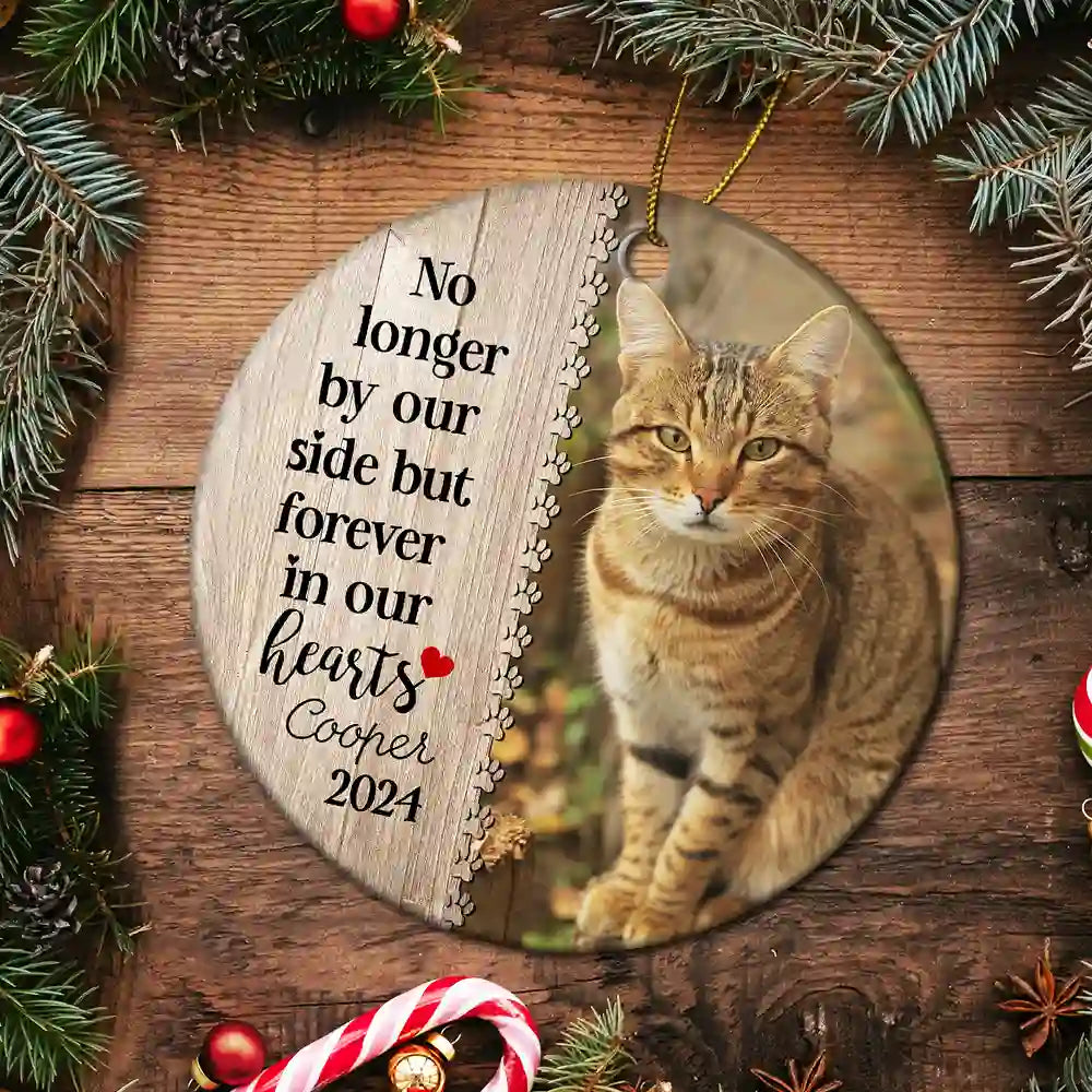 Custom Photo Dog Cat Forever In Our Hearts - Christmas Memorial Gift - Personalized Custom Circle Ceramic Ornament ORNA1210