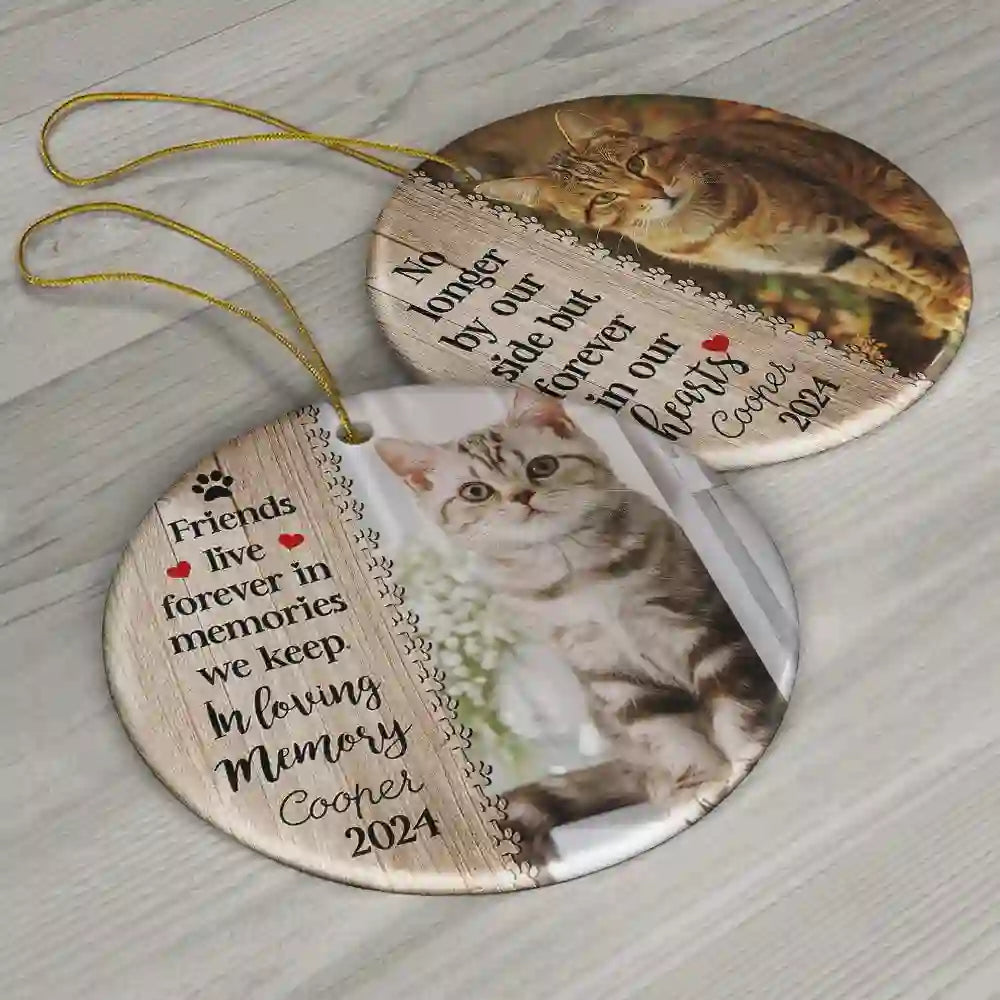 Custom Photo Dog Cat Forever In Our Hearts - Christmas Memorial Gift - Personalized Custom Circle Ceramic Ornament ORNA1210