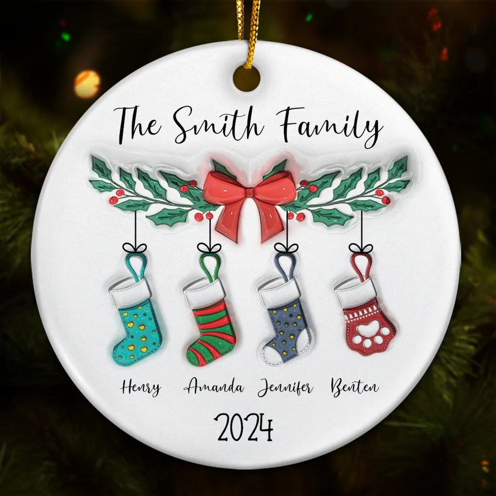 Family Stocking - 3D Inflated Effect Printed Ornament, Personalized Circle Ceramic Ornament ORNA1210