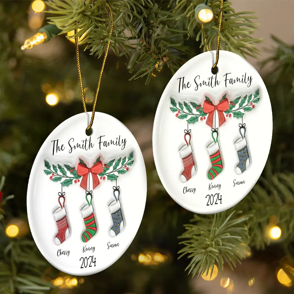 Family Stocking - 3D Inflated Effect Printed Ornament, Personalized Circle Ceramic Ornament ORNA1210