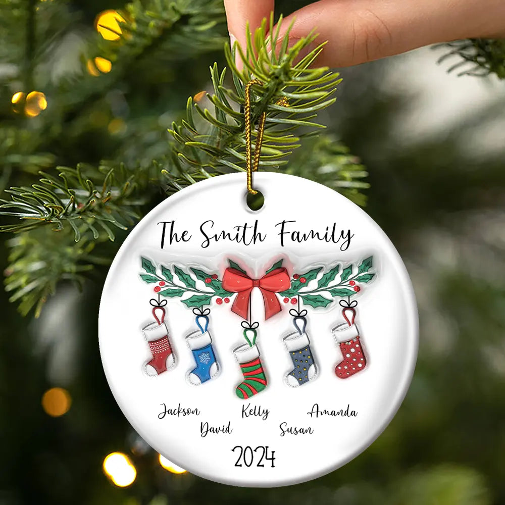 Family Stocking - 3D Inflated Effect Printed Ornament, Personalized Circle Ceramic Ornament ORNA1210