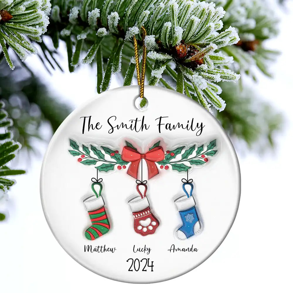 Family Stocking - 3D Inflated Effect Printed Ornament, Personalized Circle Ceramic Ornament ORNA1210