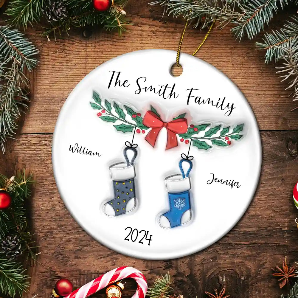Family Stocking - 3D Inflated Effect Printed Ornament, Personalized Circle Ceramic Ornament ORNA1210