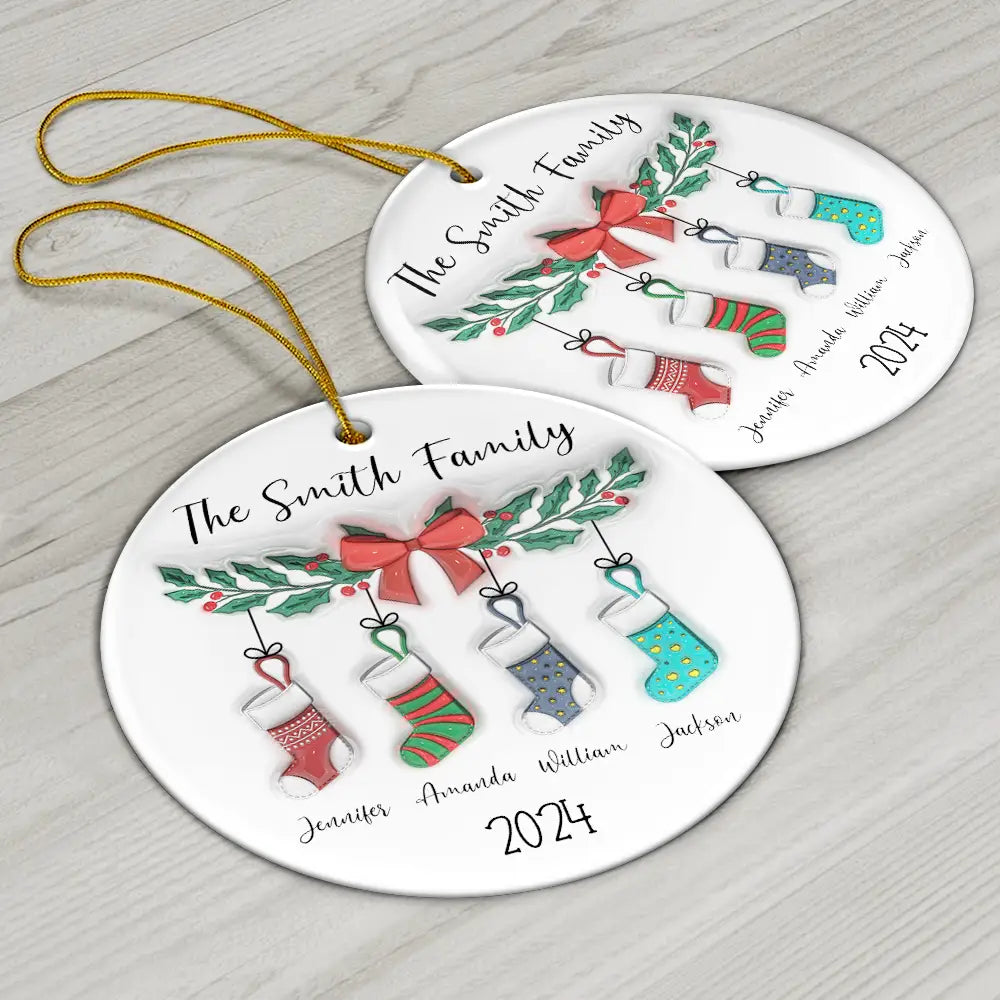 Family Stocking - 3D Inflated Effect Printed Ornament, Personalized Circle Ceramic Ornament ORNA1210