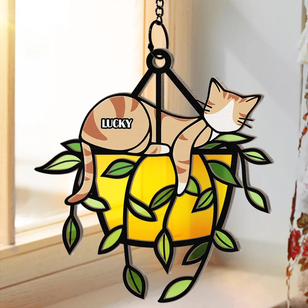 Sleeping Cat On Plant Pot - Personalized Window Hanging Suncatcher Ornament ORNA1210