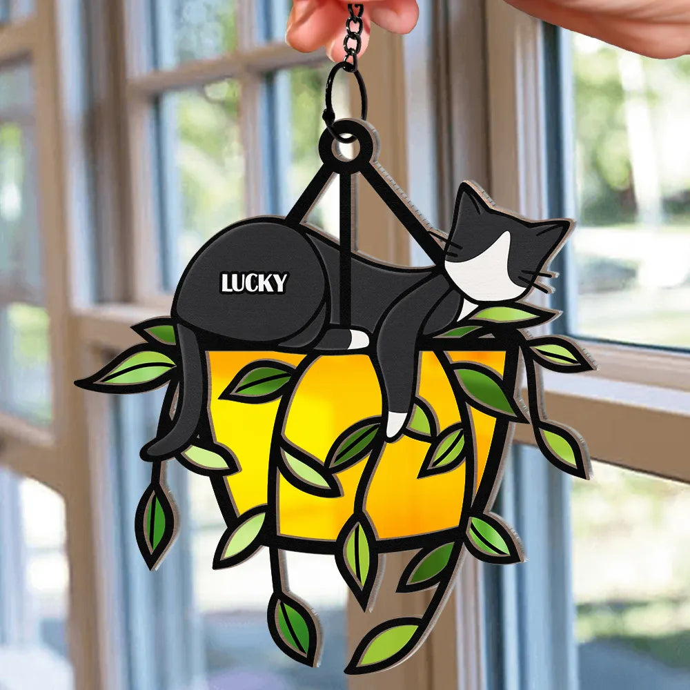 Sleeping Cat On Plant Pot - Personalized Window Hanging Suncatcher Ornament ORNA1210