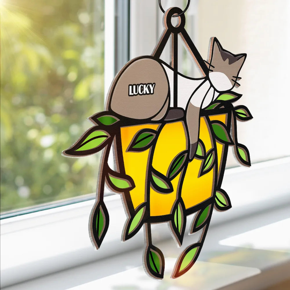 Sleeping Cat On Plant Pot - Personalized Window Hanging Suncatcher Ornament ORNA1210