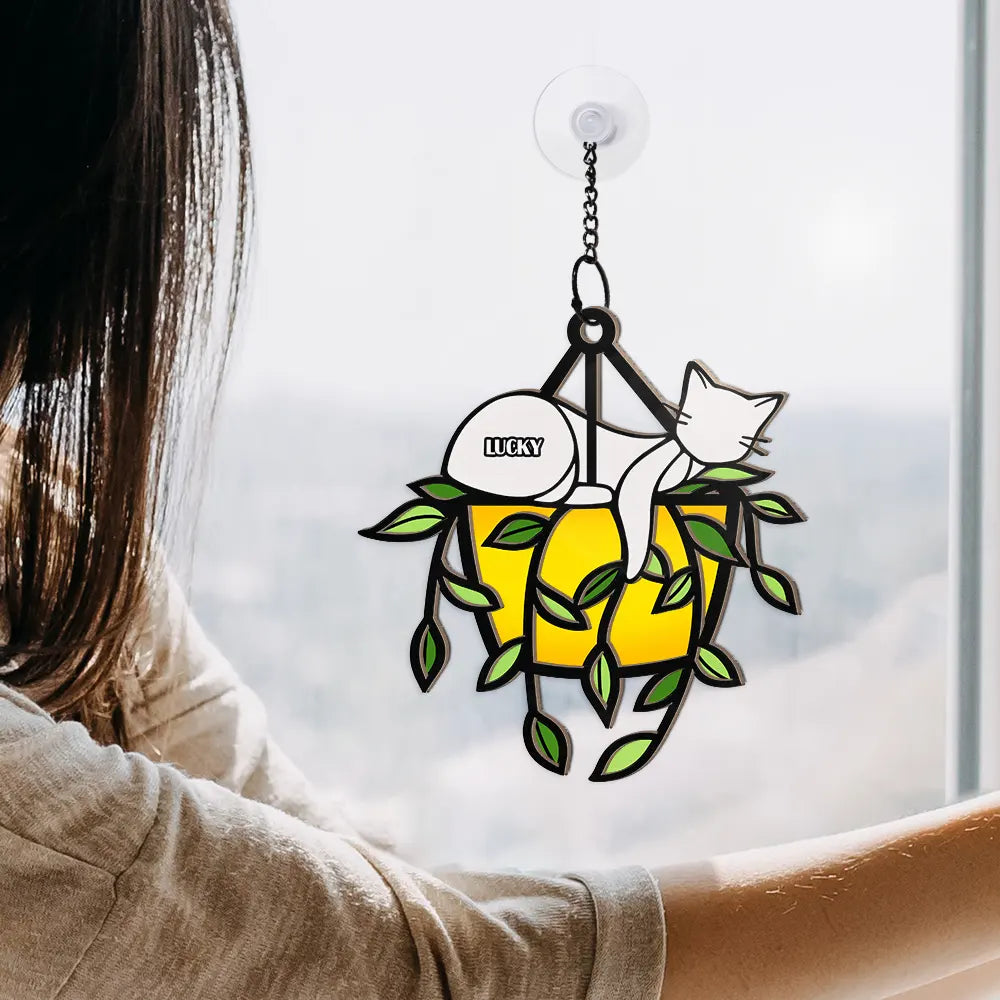 Sleeping Cat On Plant Pot - Personalized Window Hanging Suncatcher Ornament ORNA1210