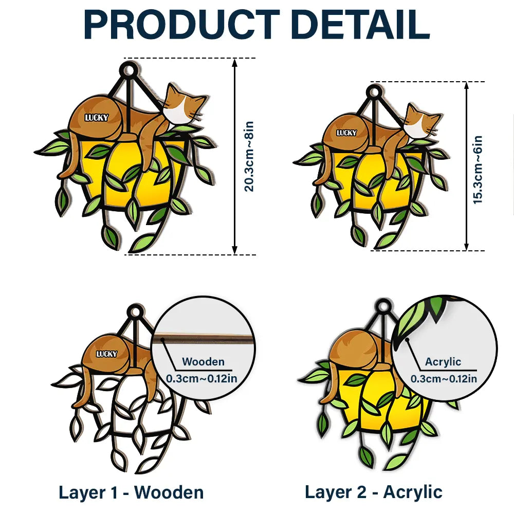 Sleeping Cat On Plant Pot - Personalized Window Hanging Suncatcher Ornament ORNA1210