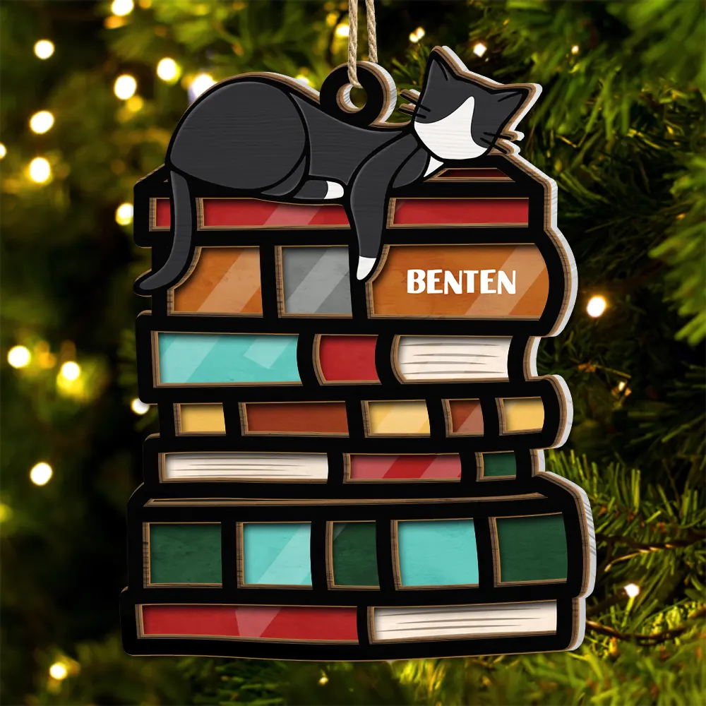 Sleeping Cat On The Books - Personalized Suncatcher Ornament ORNA1210