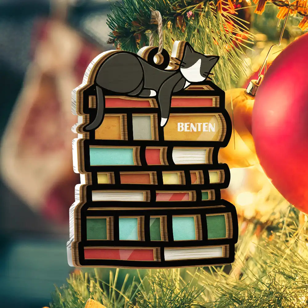 Sleeping Cat On The Books - Personalized Suncatcher Ornament ORNA1210