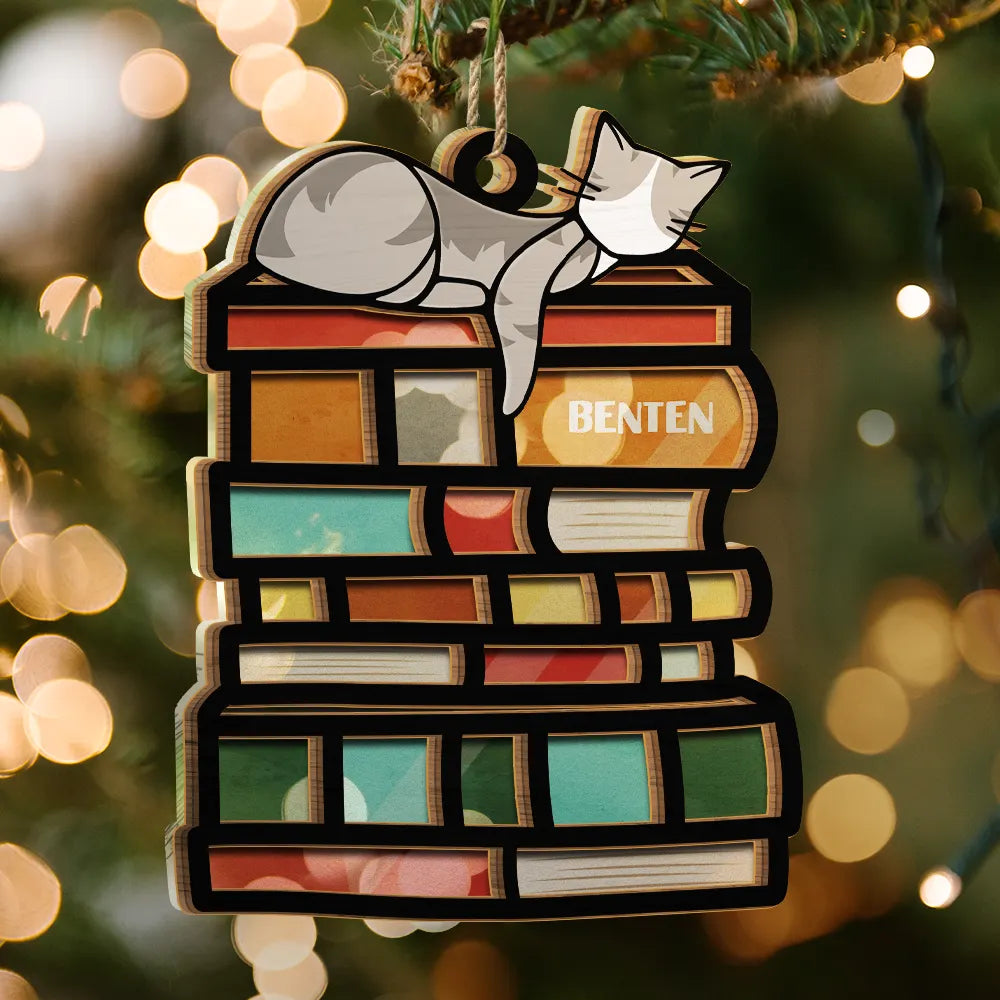Sleeping Cat On The Books - Personalized Suncatcher Ornament ORNA1210