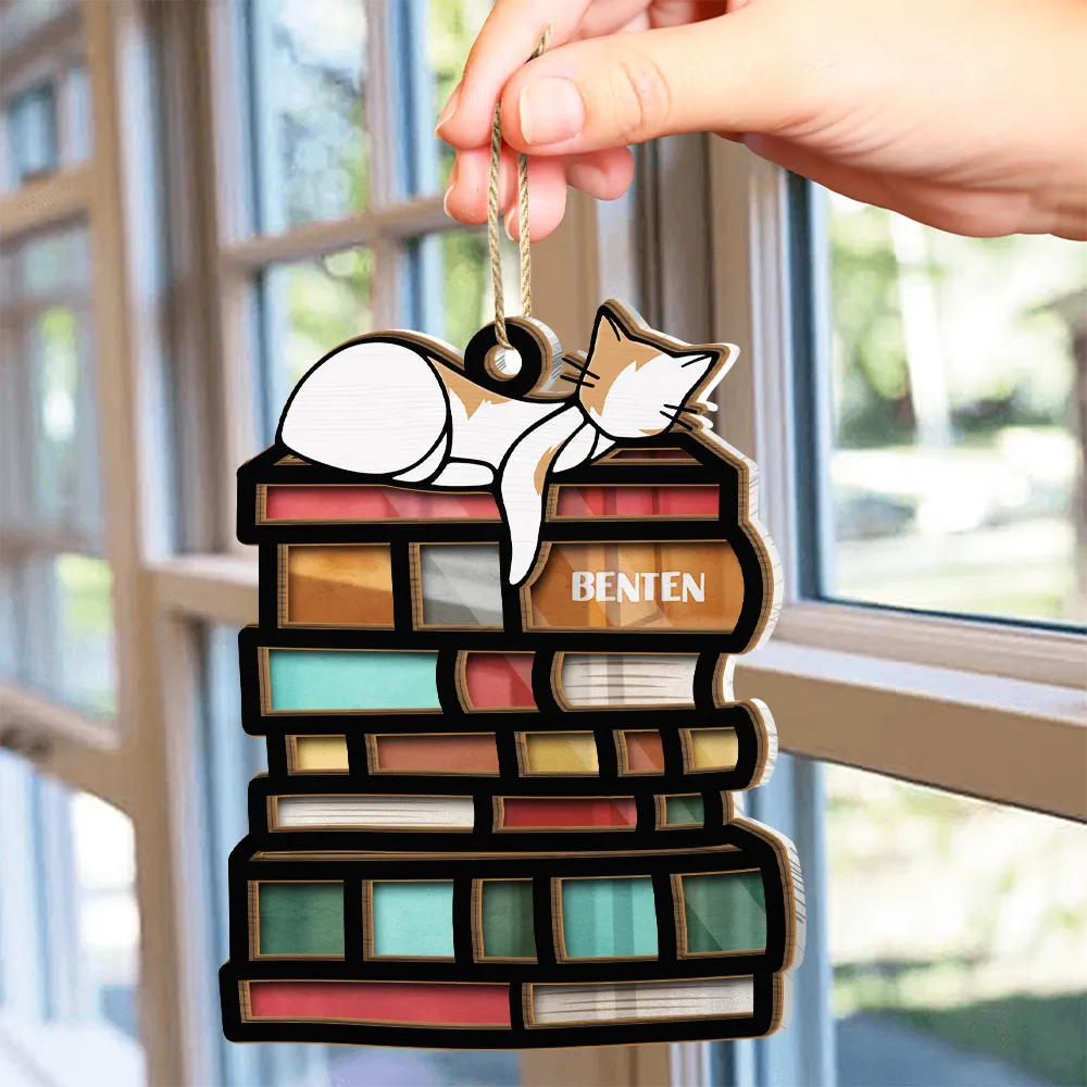 Sleeping Cat On The Books - Personalized Suncatcher Ornament ORNA1210
