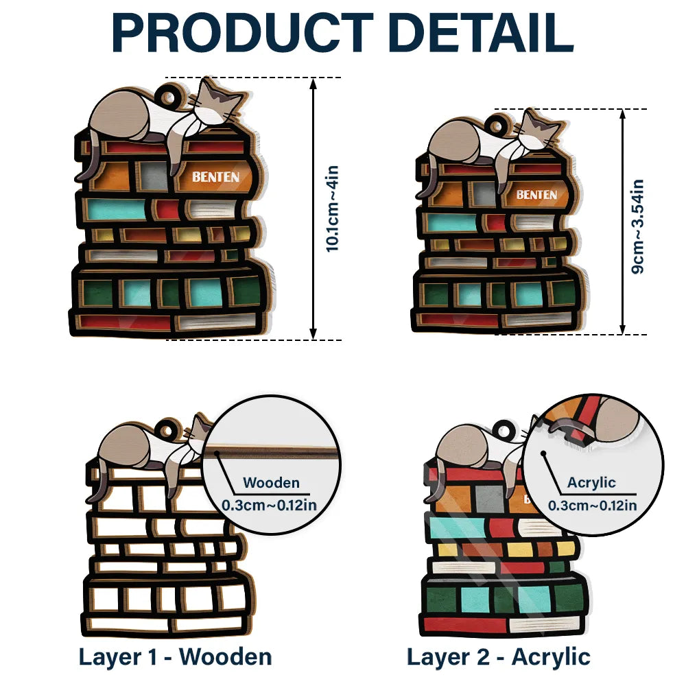 Sleeping Cat On The Books - Personalized Suncatcher Ornament ORNA1210