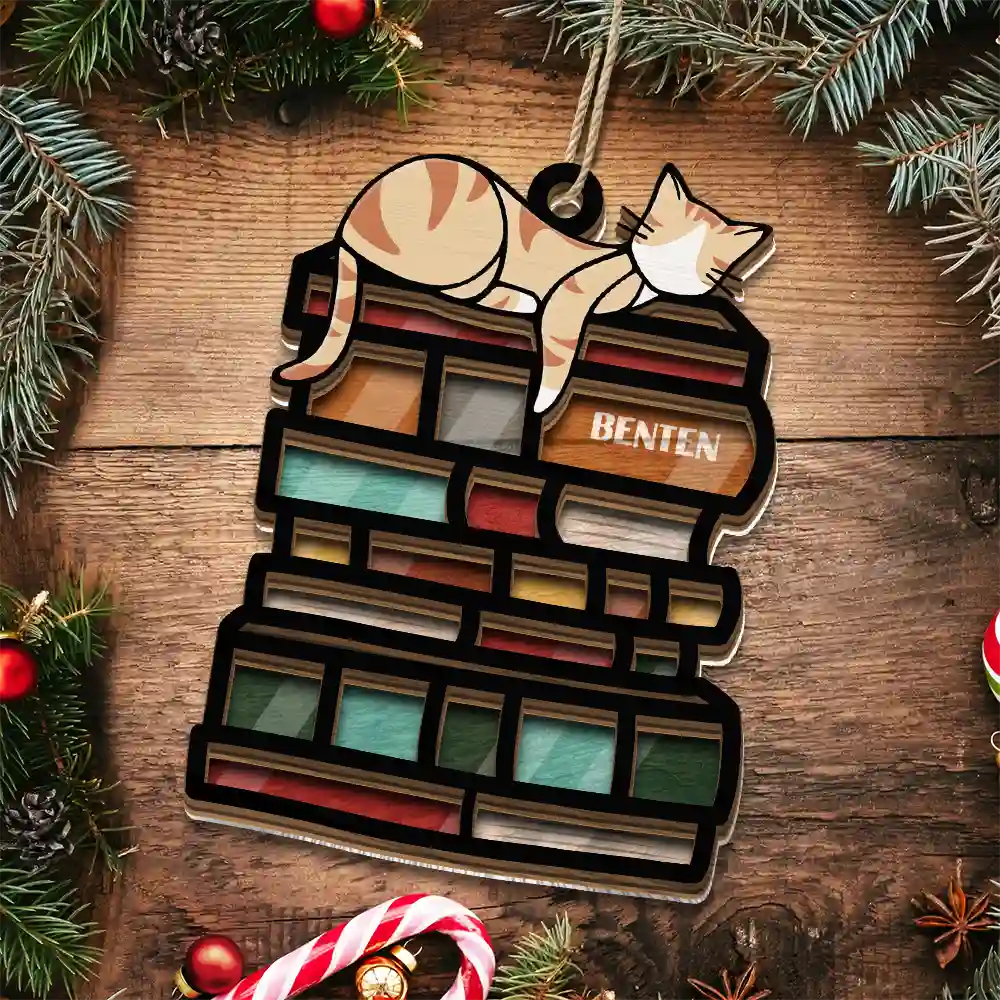 Sleeping Cat On The Books - Personalized Suncatcher Ornament ORNA1210