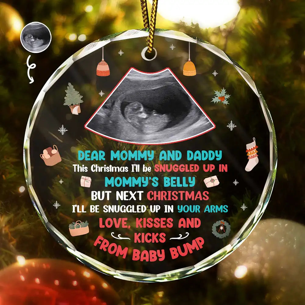 Custom Photo Snuggle Up In Mommy's Belly Christmas - Personalized Circle Glass Ornament ORNA1210
