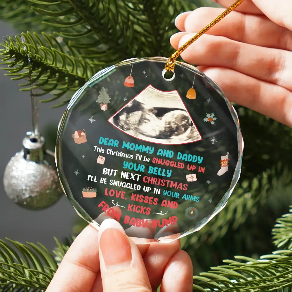Custom Photo Snuggle Up In Mommy's Belly Christmas - Personalized Circle Glass Ornament ORNA1210