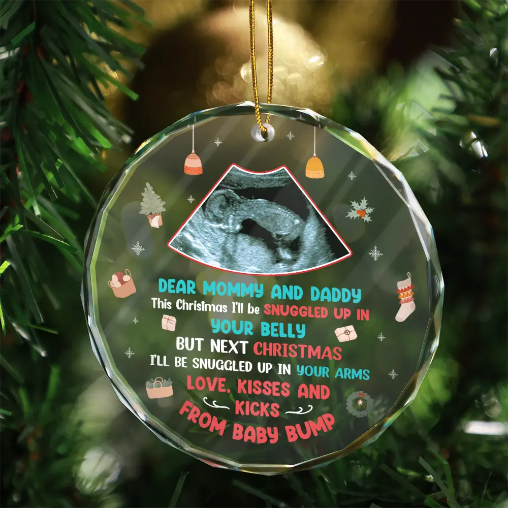 Custom Photo Snuggle Up In Mommy's Belly Christmas - Personalized Circle Glass Ornament ORNA1210