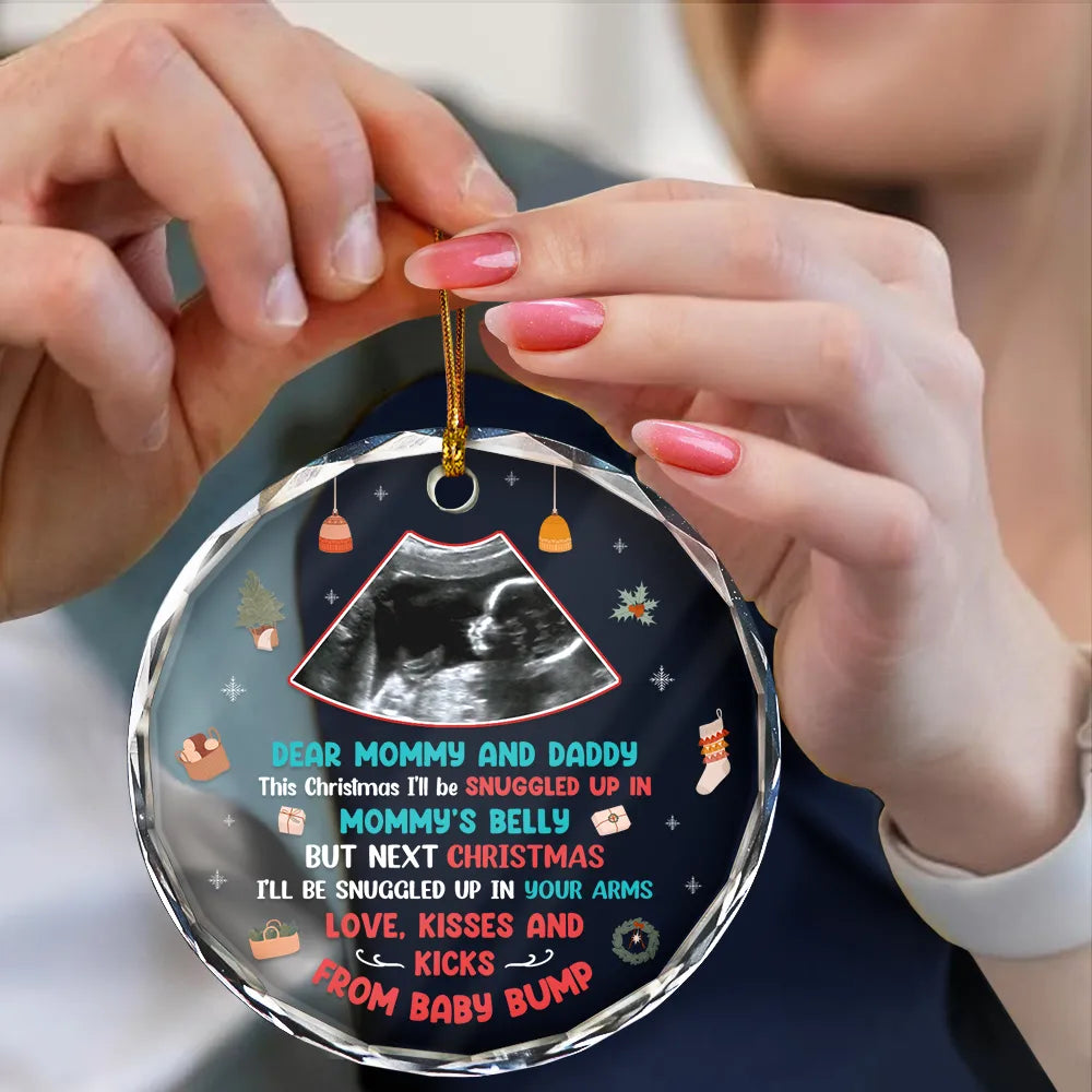Custom Photo Snuggle Up In Mommy's Belly Christmas - Personalized Circle Glass Ornament ORNA1210